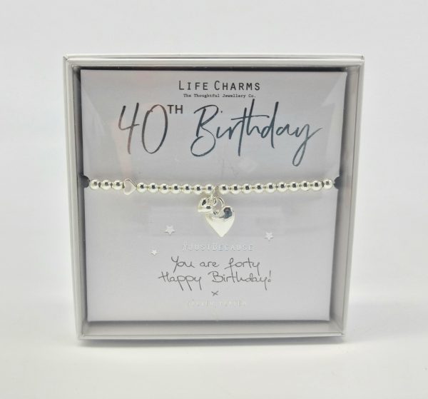Life Charms Braccialetto Elasticizzato 40° Compleanno - Con Ciondolo Cuore, In Confezione Regalo